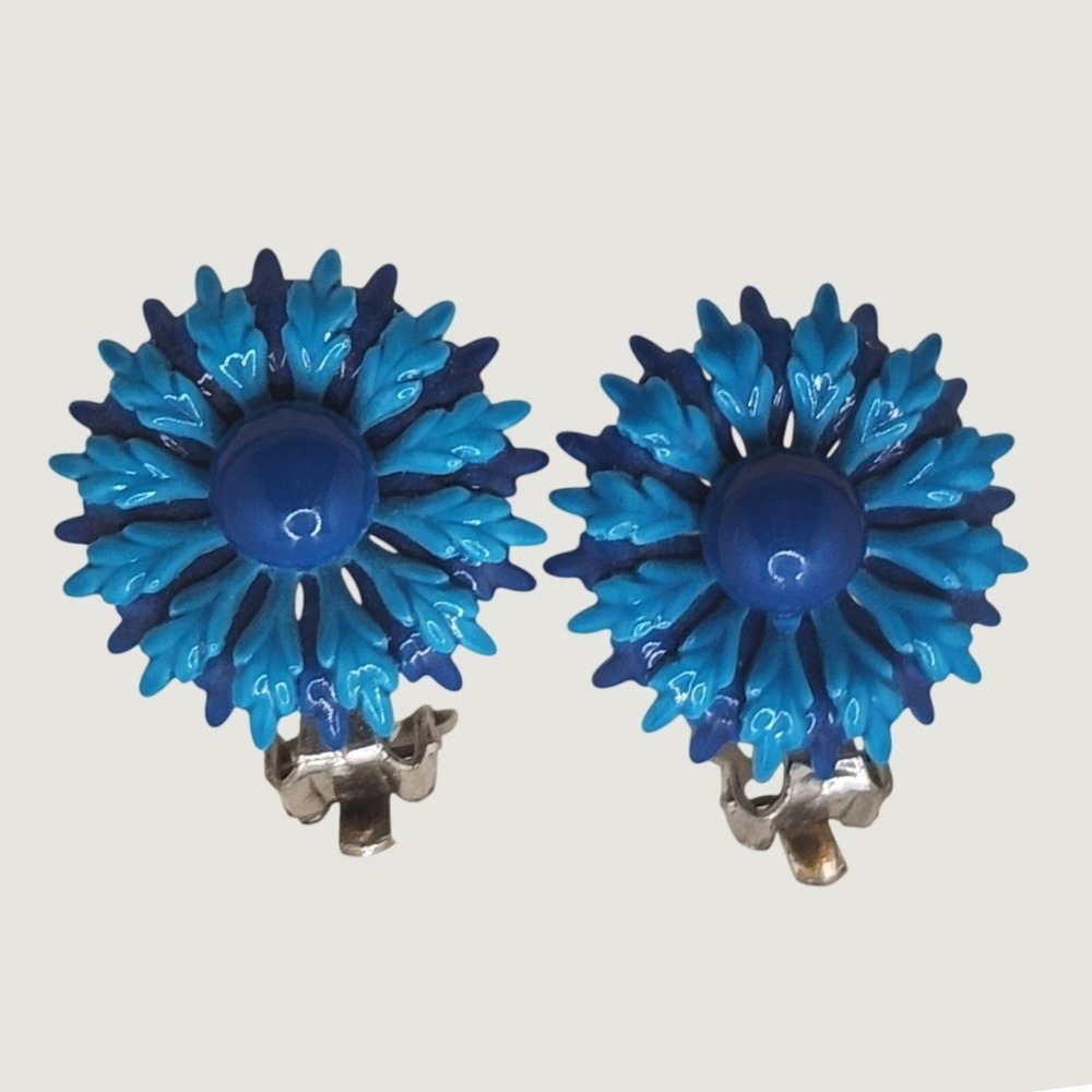 Vintage Blue Enamel Flower Clip On Earrings Mod Pop Art 1960s Floral Retro